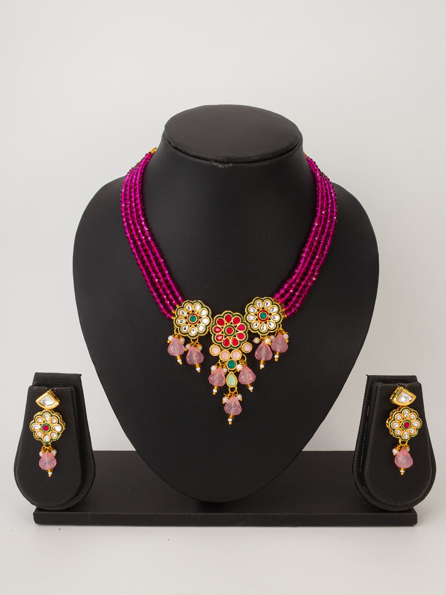 Aadita Magenta Bead Choker with Kundan Floral Design and Peach Accents