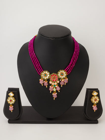 Aadita Magenta Bead Choker with Kundan Floral Design and Peach Accents