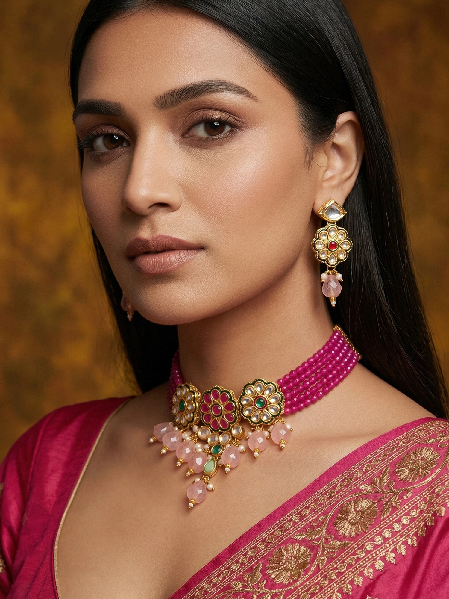 Aadita Magenta Bead Choker with Kundan Floral Design and Peach Accents