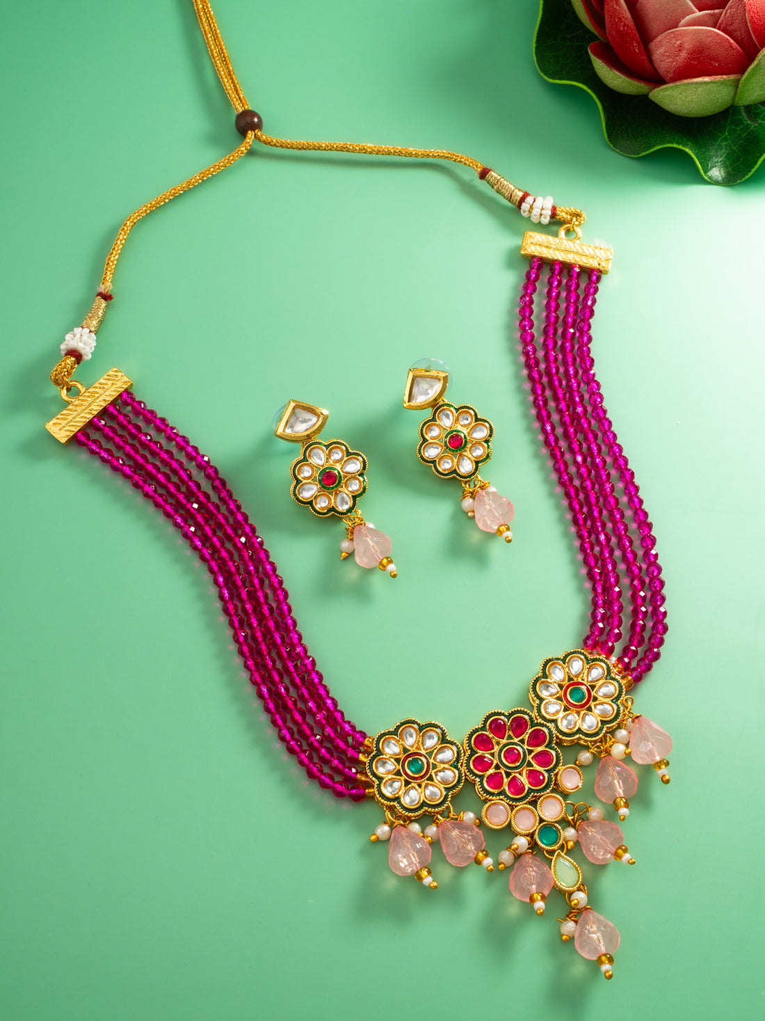 Magenta Bead Choker with Kundan Floral Design and Peach Accents
