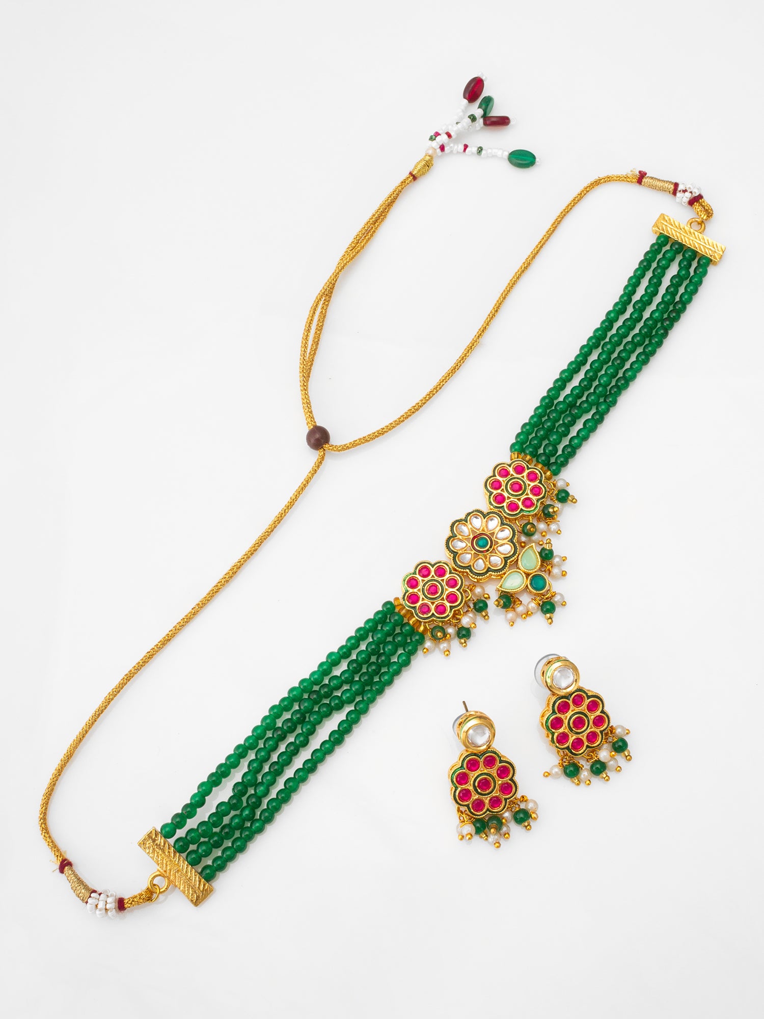 Aadita Green Bead Multi-Layer Choker with Pink Kundan Floral Centerpiece