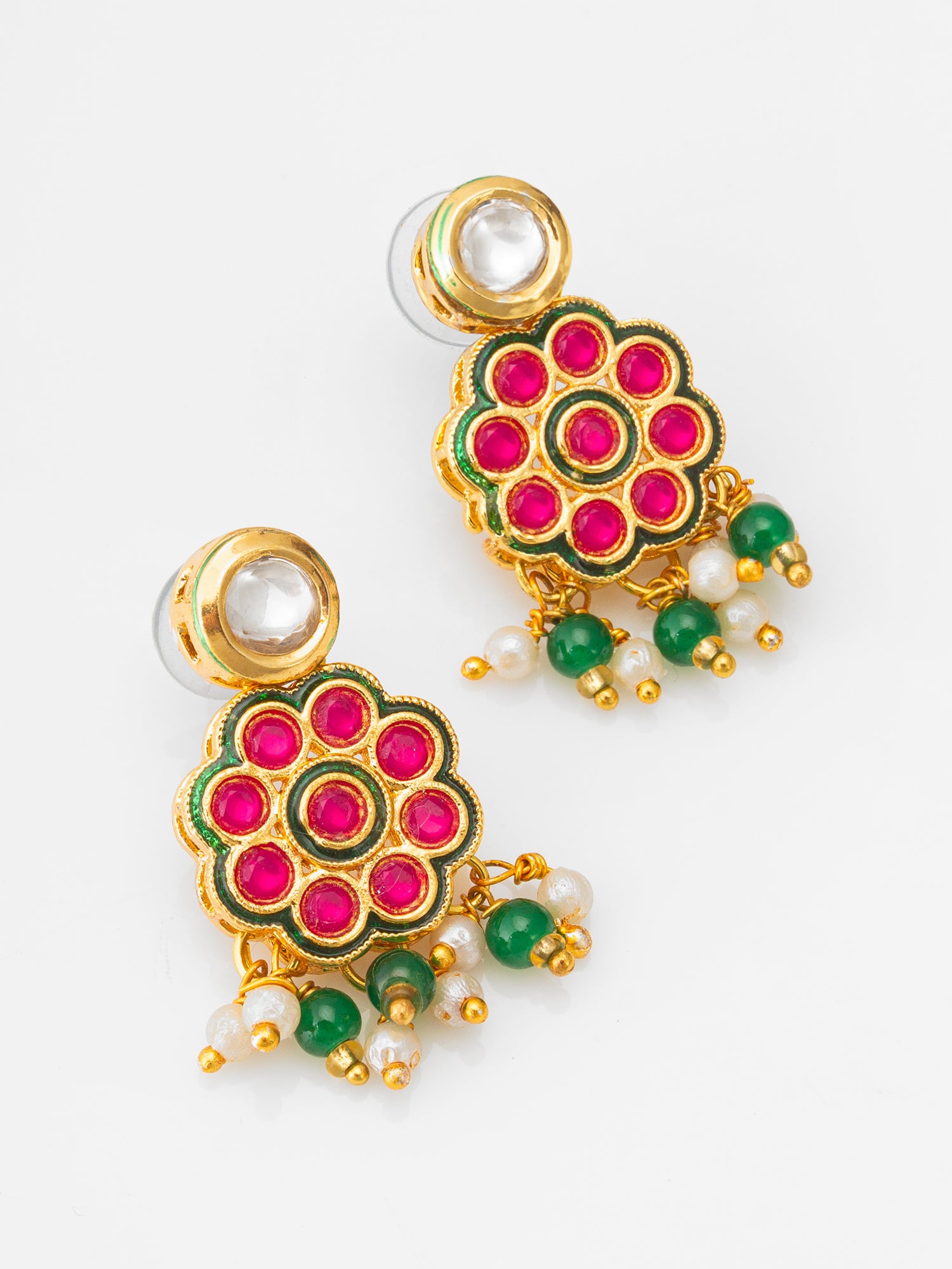 Aadita Green Bead Multi-Layer Choker with Pink Kundan Floral Centerpiece