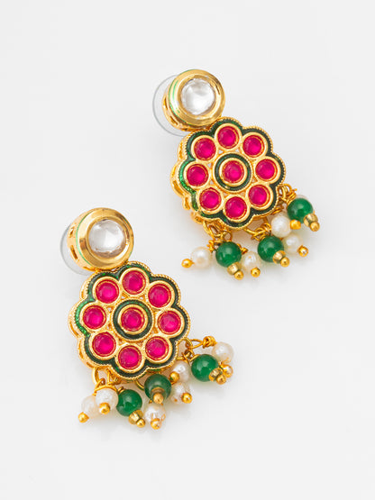 Aadita Green Bead Multi-Layer Choker with Pink Kundan Floral Centerpiece