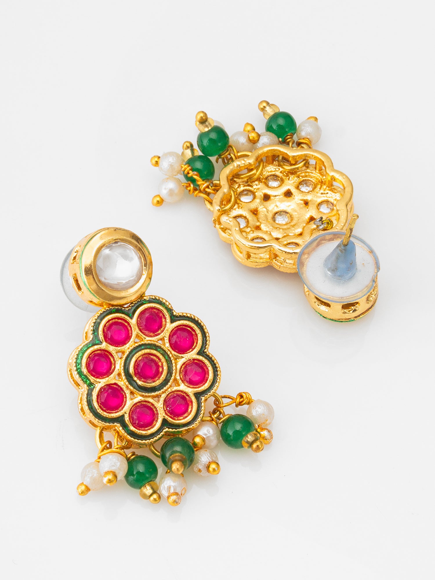 Aadita Green Bead Multi-Layer Choker with Pink Kundan Floral Centerpiece