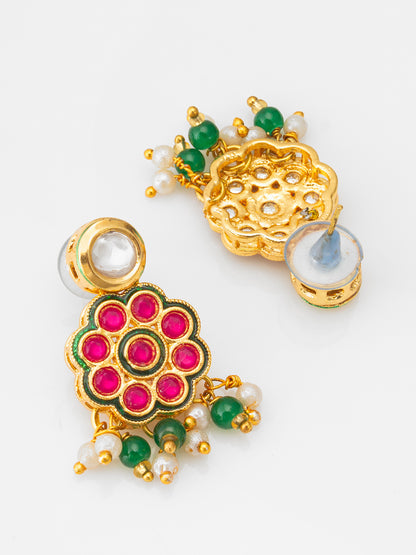Aadita Green Bead Multi-Layer Choker with Pink Kundan Floral Centerpiece