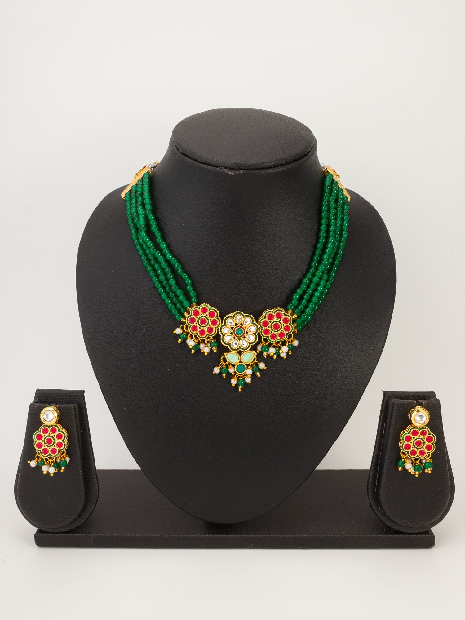 Aadita Green Bead Multi-Layer Choker with Pink Kundan Floral Centerpiece