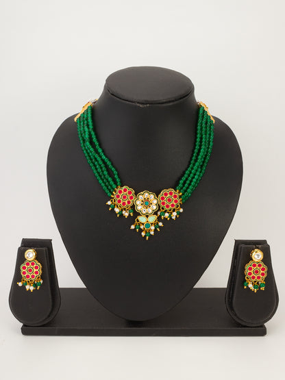Aadita Green Bead Multi-Layer Choker with Pink Kundan Floral Centerpiece