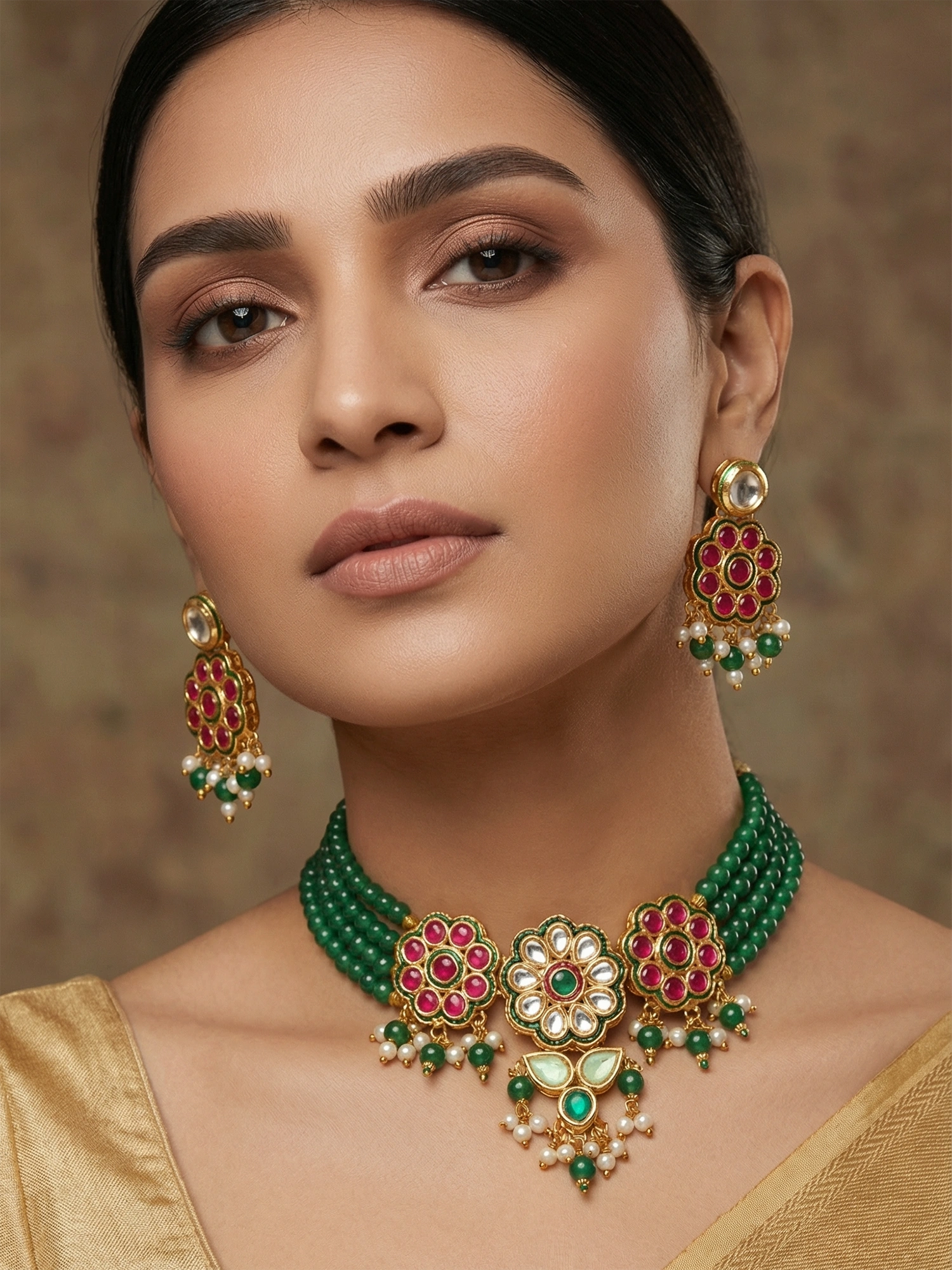 Aadita Green Bead Multi-Layer Choker with Pink Kundan Floral Centerpiece