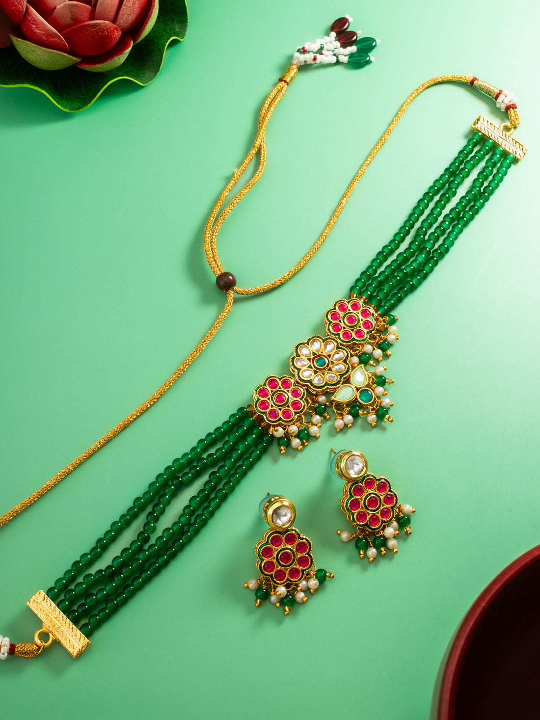 Green Bead Multi-Layer Choker with Pink Kundan Floral Centerpiece