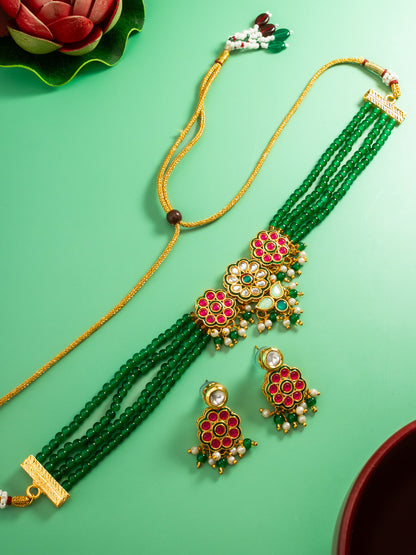 Aadita Green Bead Multi-Layer Choker with Pink Kundan Floral Centerpiece