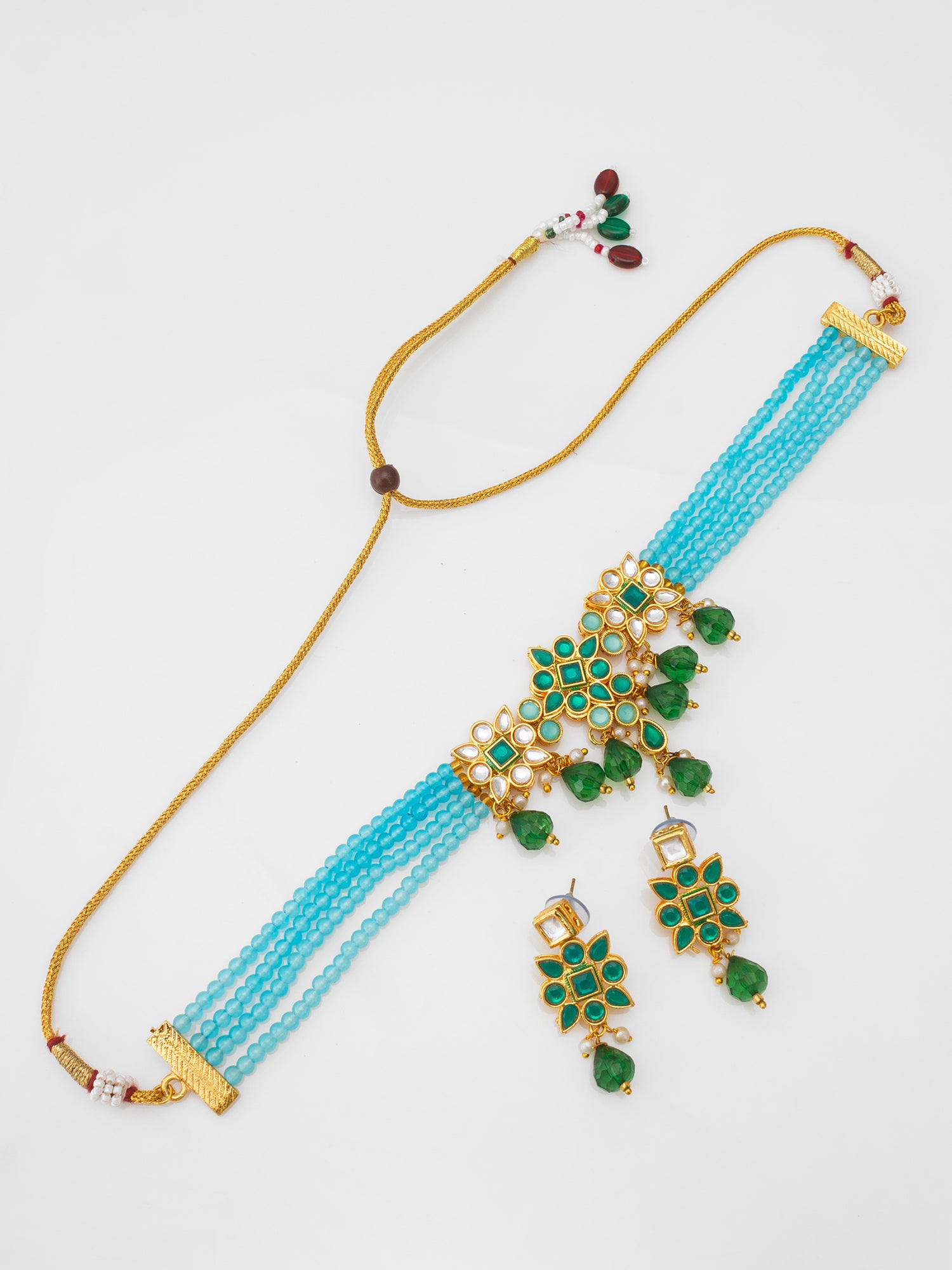 Aadita Sky Blue Bead Choker with Emerald Green Kundan Accent Set