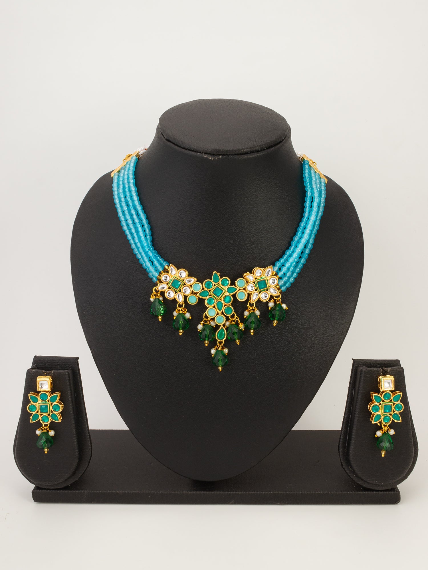 Aadita Sky Blue Bead Choker with Emerald Green Kundan Accent Set