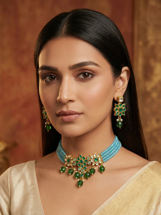 Aadita Sky Blue Bead Choker with Emerald Green Kundan Accent Set