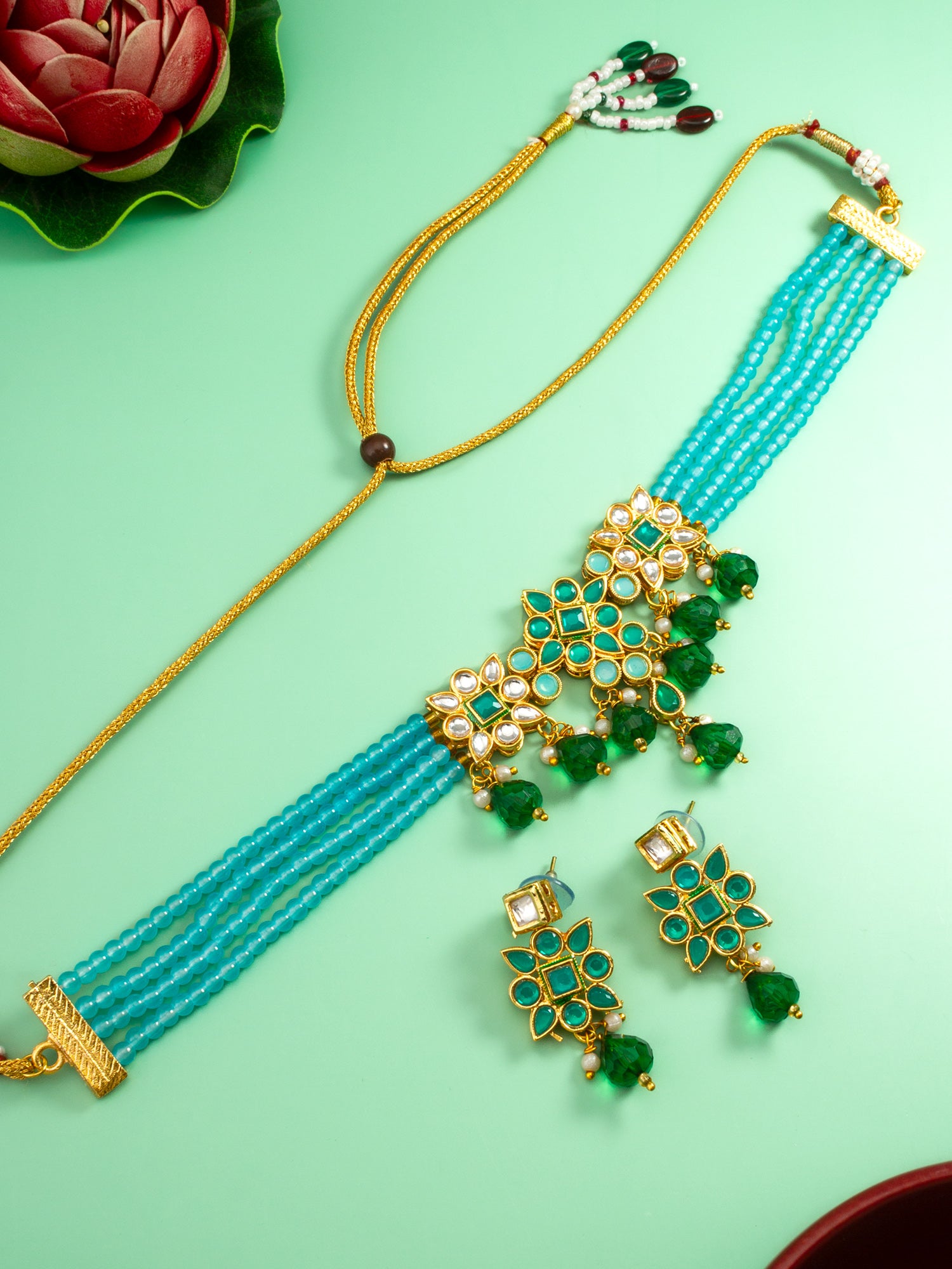 Aadita Sky Blue Bead Choker with Emerald Green Kundan Accent Set