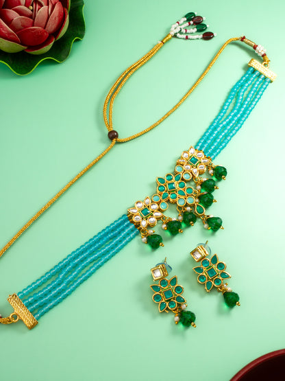 Aadita Sky Blue Bead Choker with Emerald Green Kundan Accent Set