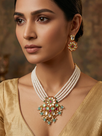 Aadita Floral Kundan Pearl Multicolour Necklace Set