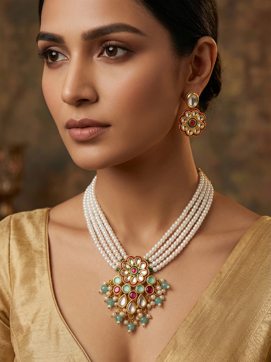Aadita Floral Kundan Pearl Multicolour Necklace Set