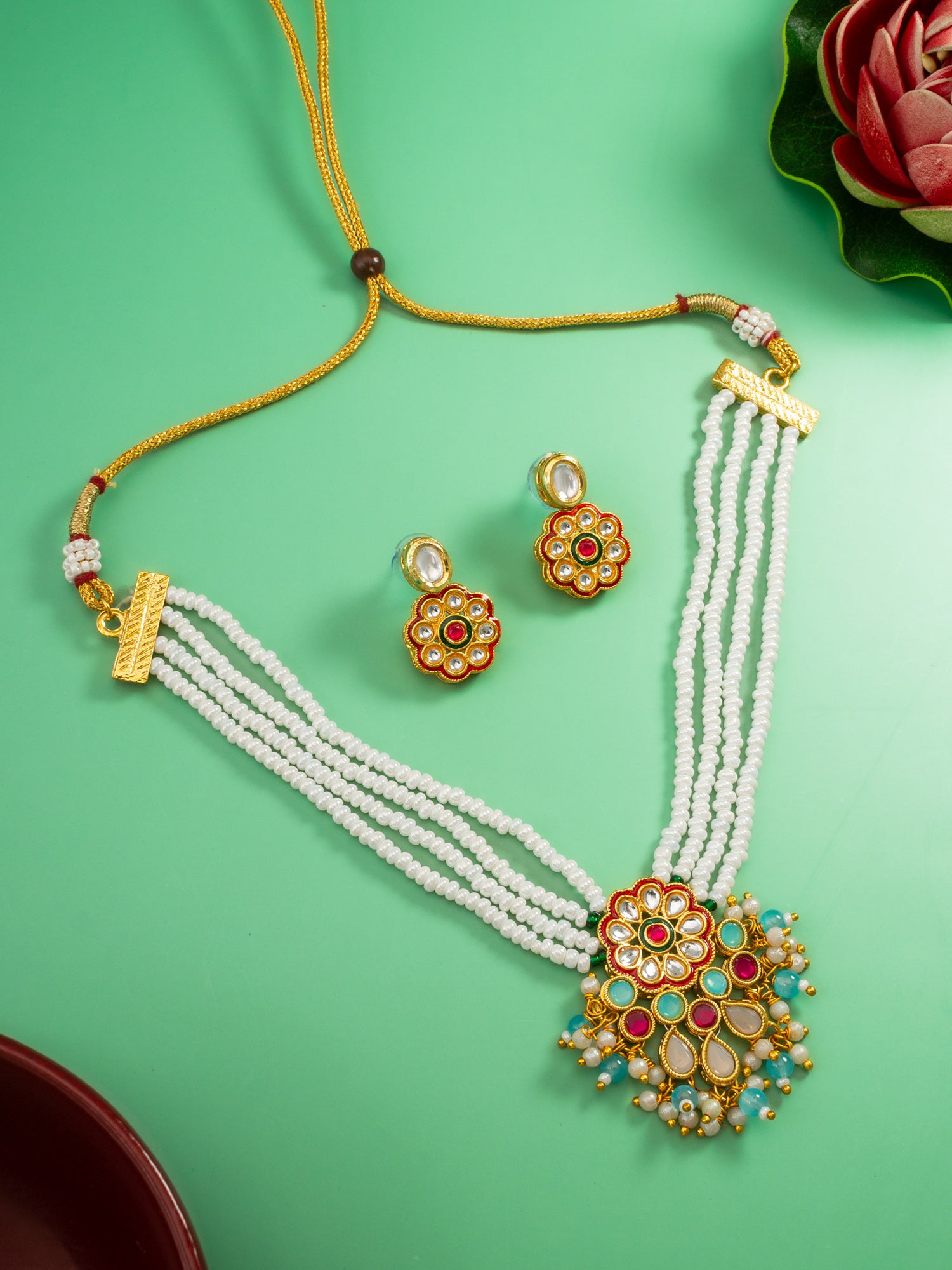 Aadita Floral Kundan Pearl Multicolour Necklace Set