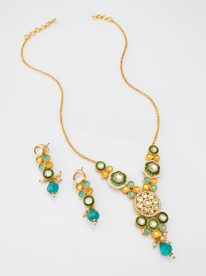 Aadita Traditional Green Kundan Necklace Set for Women with Earrings