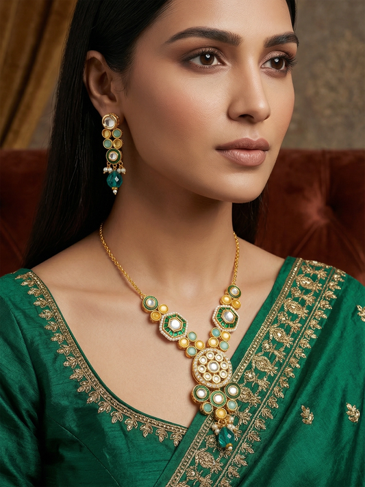 Aadita Traditional Green Kundan Necklace Set for Women with Earrings
