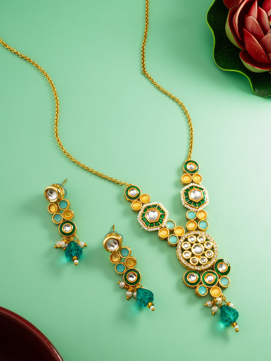 Aadita Traditional Green Kundan Necklace Set for Women with Earrings