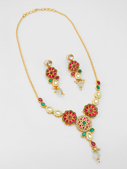 Aadita Traditional Floral Kundan Pink and Green Necklace Set