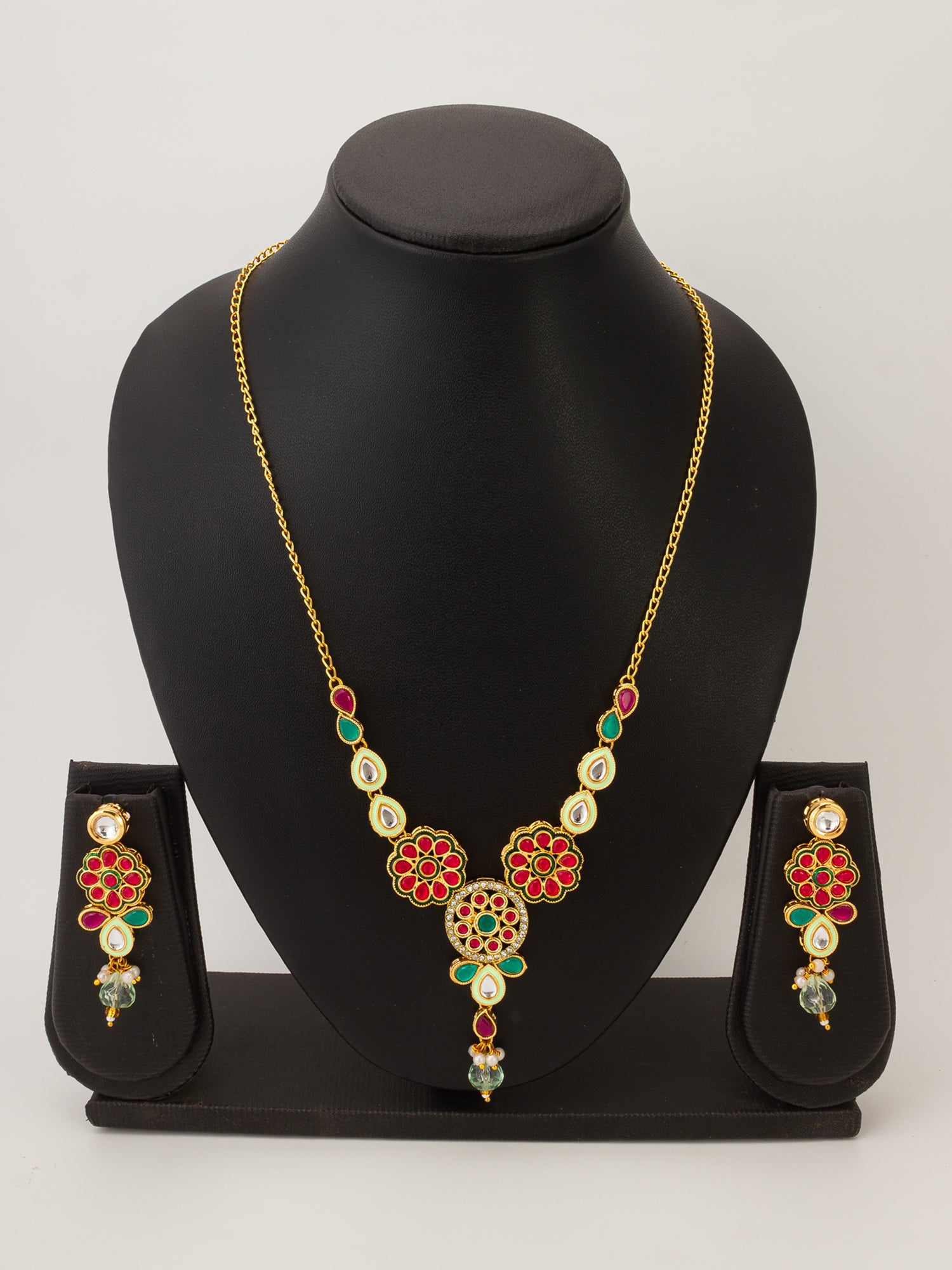 Aadita Traditional Floral Kundan Pink and Green Necklace Set