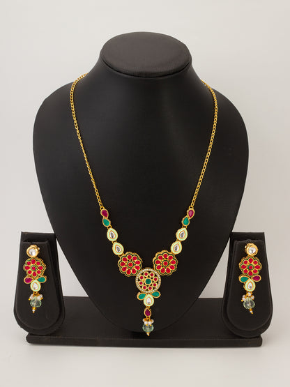 Aadita Traditional Floral Kundan Pink and Green Necklace Set