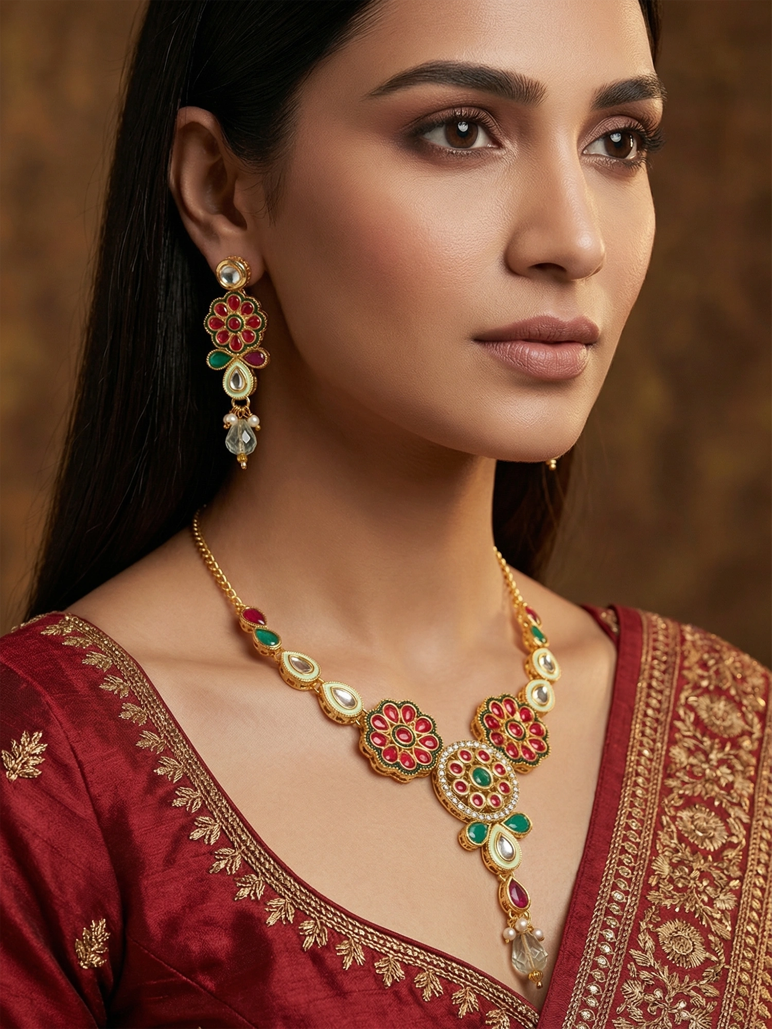 Aadita Traditional Floral Kundan Pink and Green Necklace Set