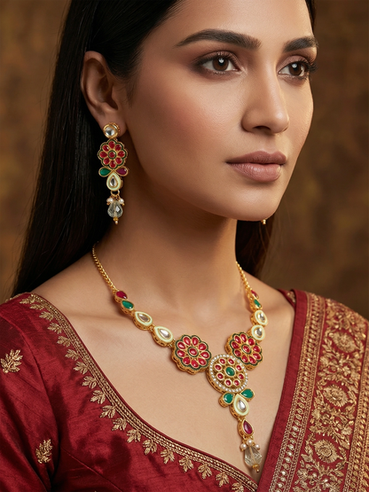 Aadita Traditional Floral Kundan Pink and Green Necklace Set