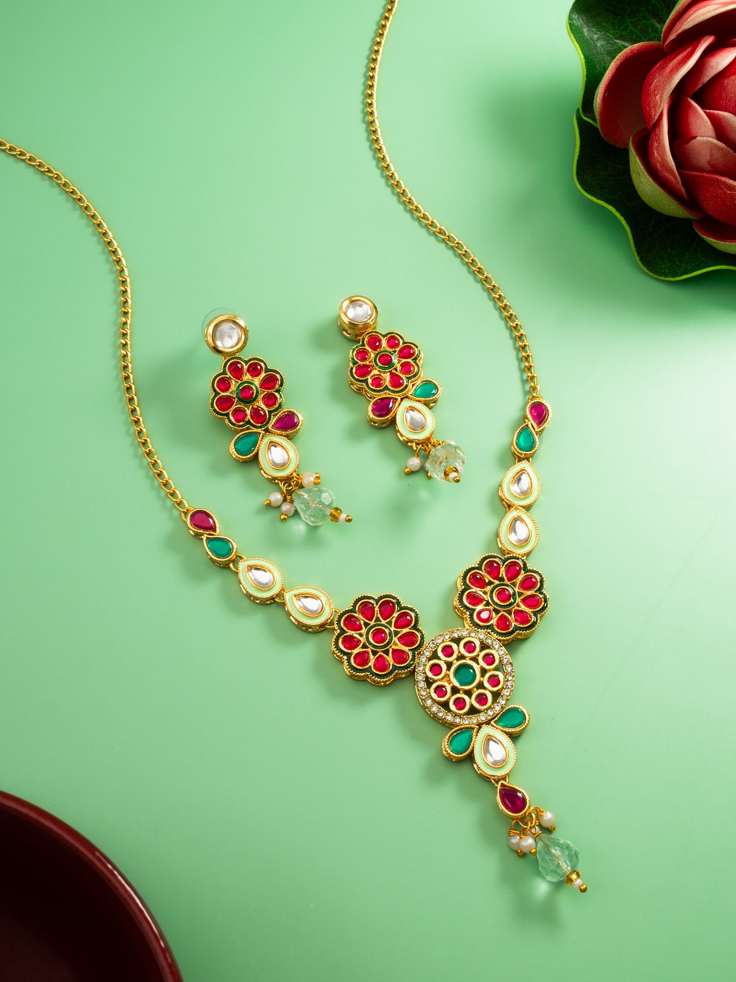 Aadita Traditional Floral Kundan Pink and Green Necklace Set