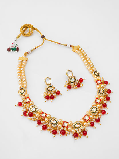 Aadita Royal Kundan Pearl and Red Bead Necklace Set
