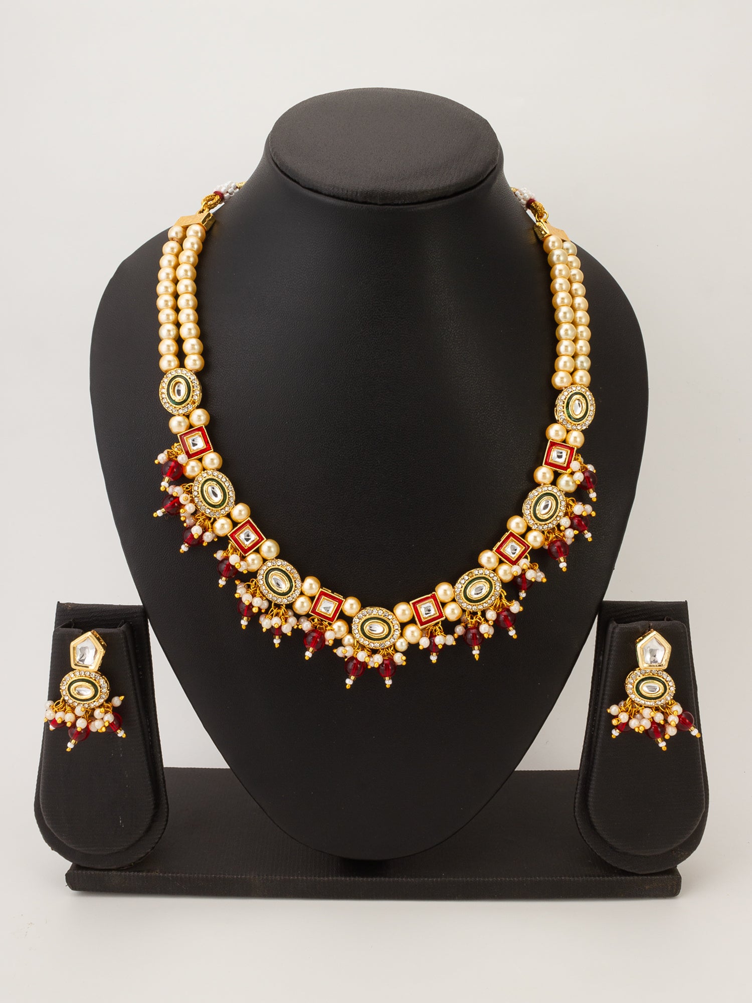 Aadita Royal Kundan Pearl and Red Bead Necklace Set