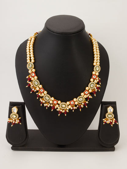 Aadita Royal Kundan Pearl and Red Bead Necklace Set