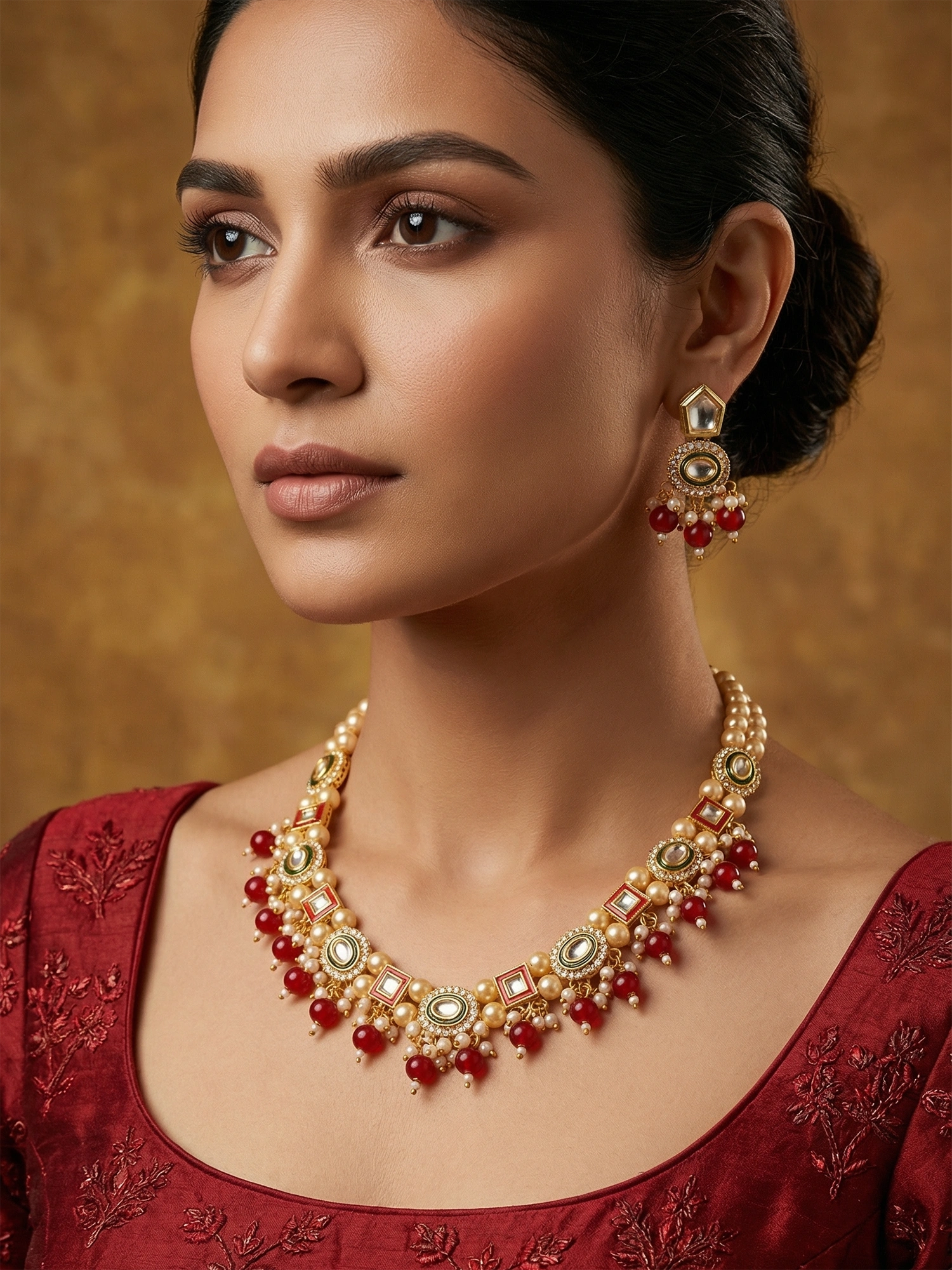Aadita Royal Kundan Pearl and Red Bead Necklace Set