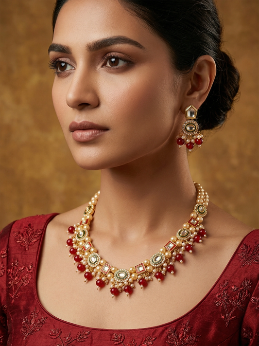 Aadita Royal Kundan Pearl and Red Bead Necklace Set