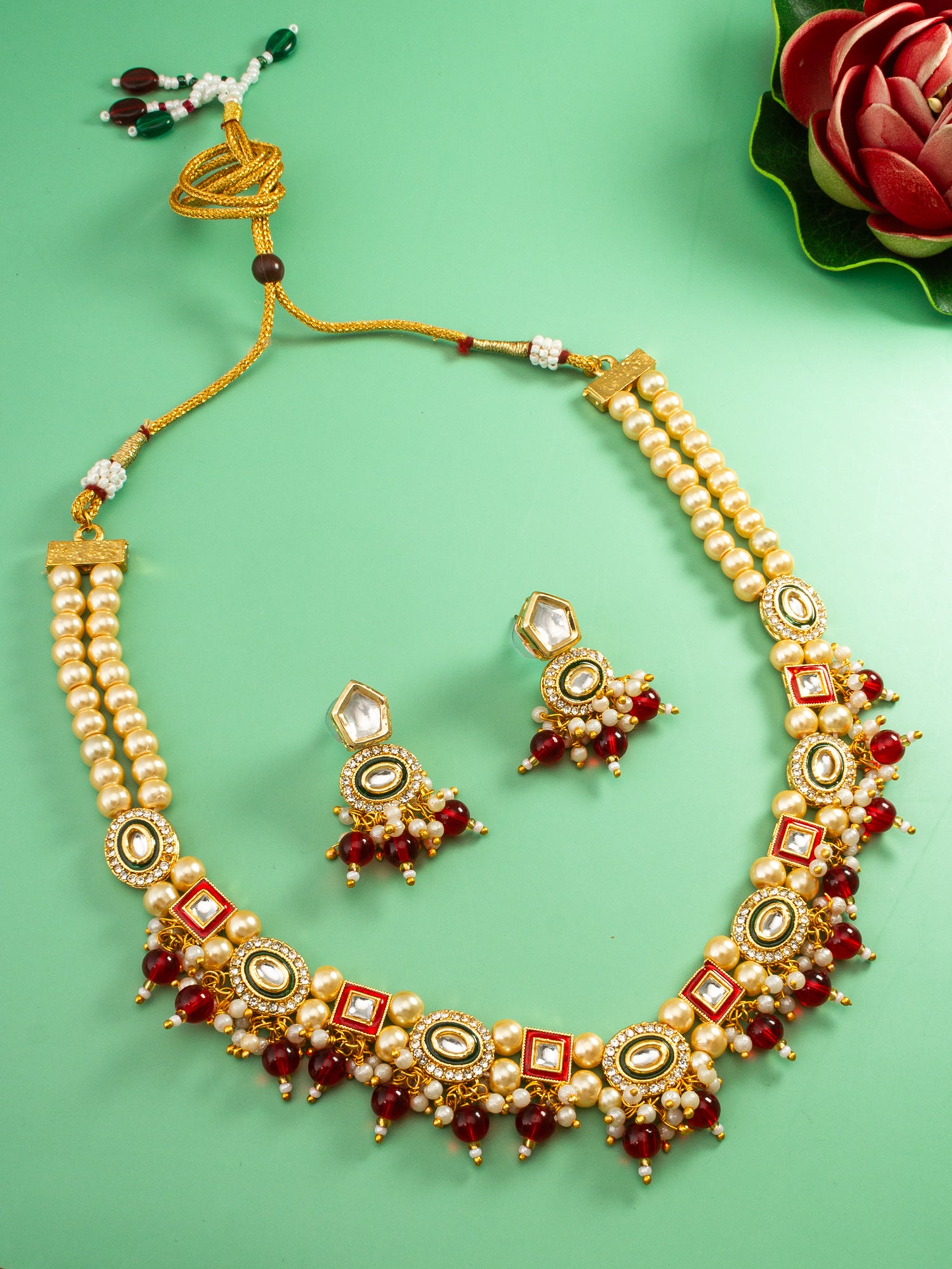 Aadita Royal Kundan Pearl and Red Bead Necklace Set