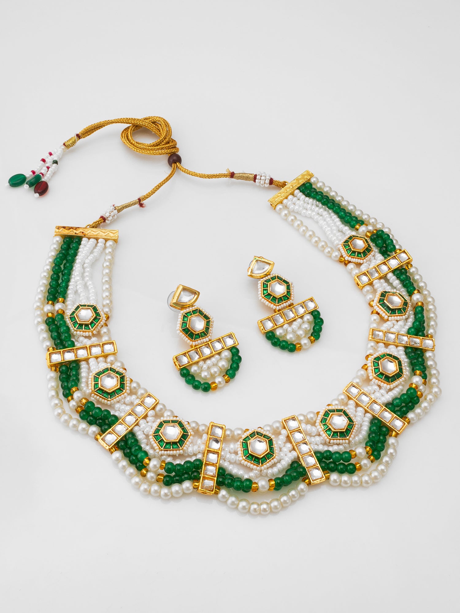 Aadita Premium Kundan Pearl Green Bead Necklace Set
