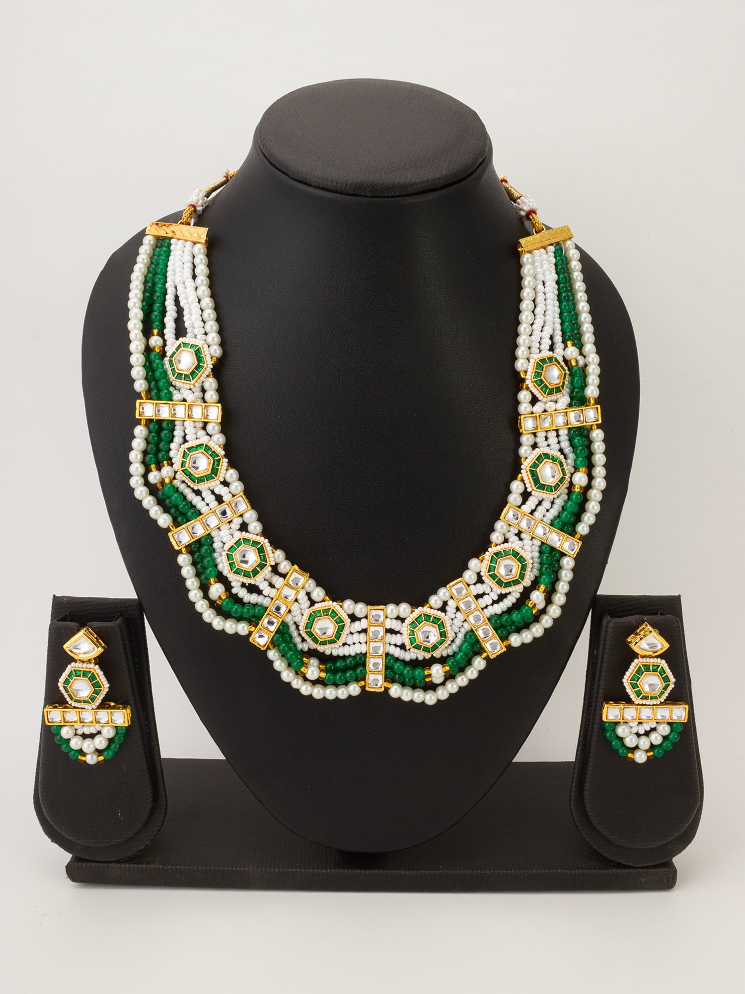Aadita Premium Kundan Pearl Green Bead Necklace Set
