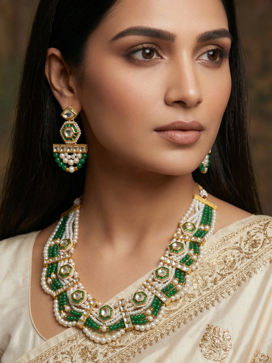 Aadita Premium Kundan Pearl Green Bead Necklace Set