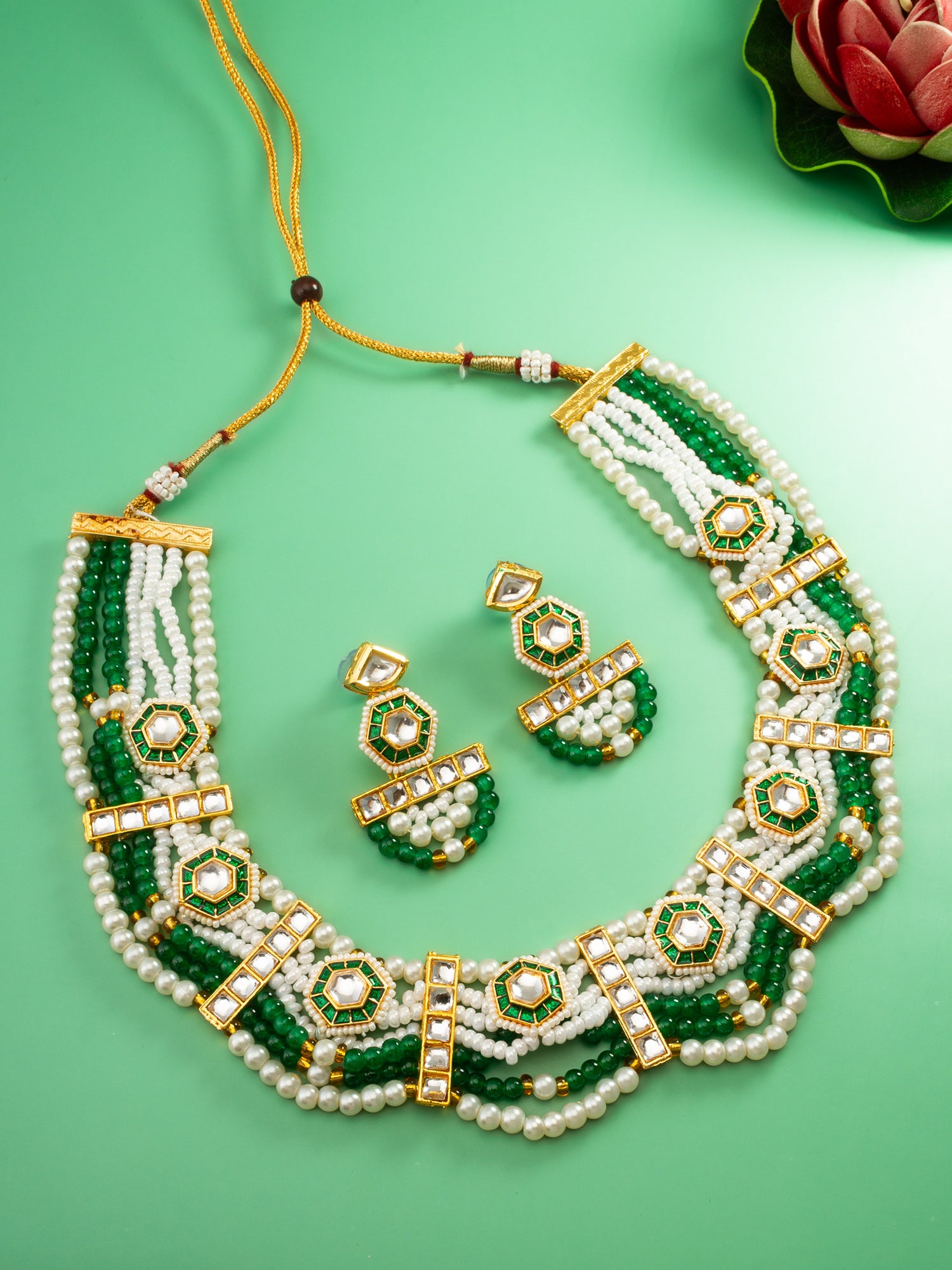 Aadita Premium Kundan Pearl Green Bead Necklace Set