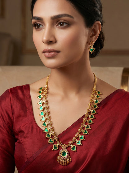 Aadita Gold-Tone Green Stone Floral Necklace Set with Stud Earrings