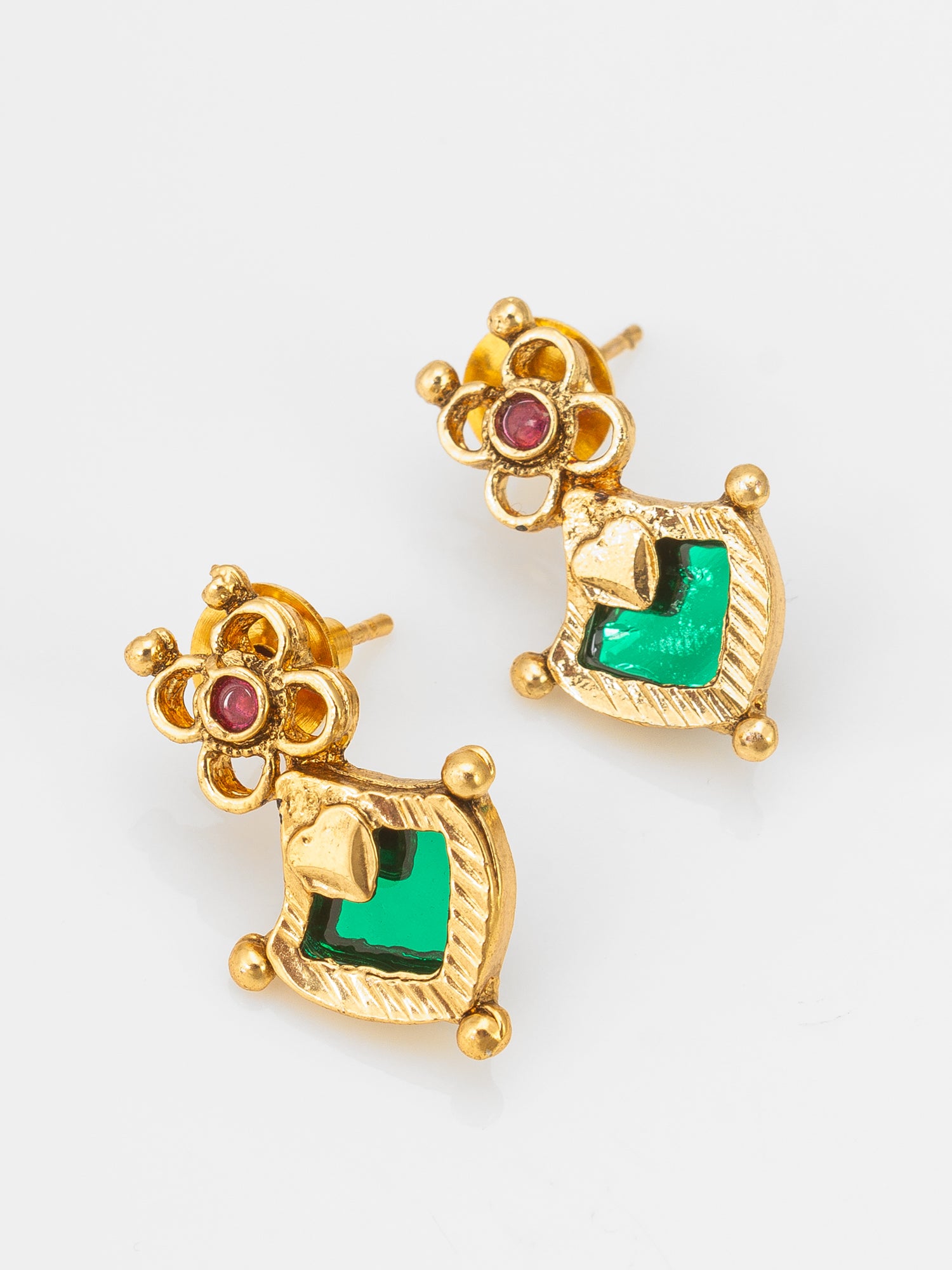 Aadita Gold-Tone Green Stone Floral Necklace Set with Stud Earrings
