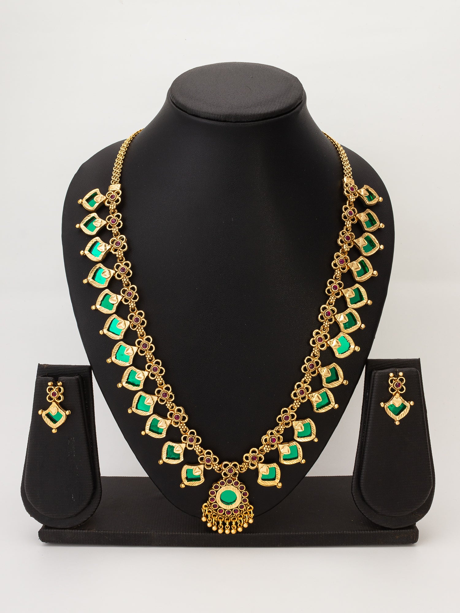 Aadita Gold-Tone Green Stone Floral Necklace Set with Stud Earrings