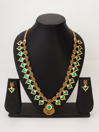 Aadita Gold-Tone Green Stone Floral Necklace Set with Stud Earrings