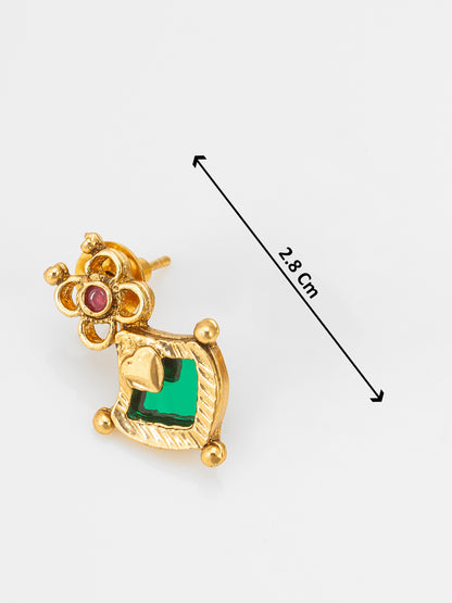 Aadita Gold-Tone Green Stone Floral Necklace Set with Stud Earrings
