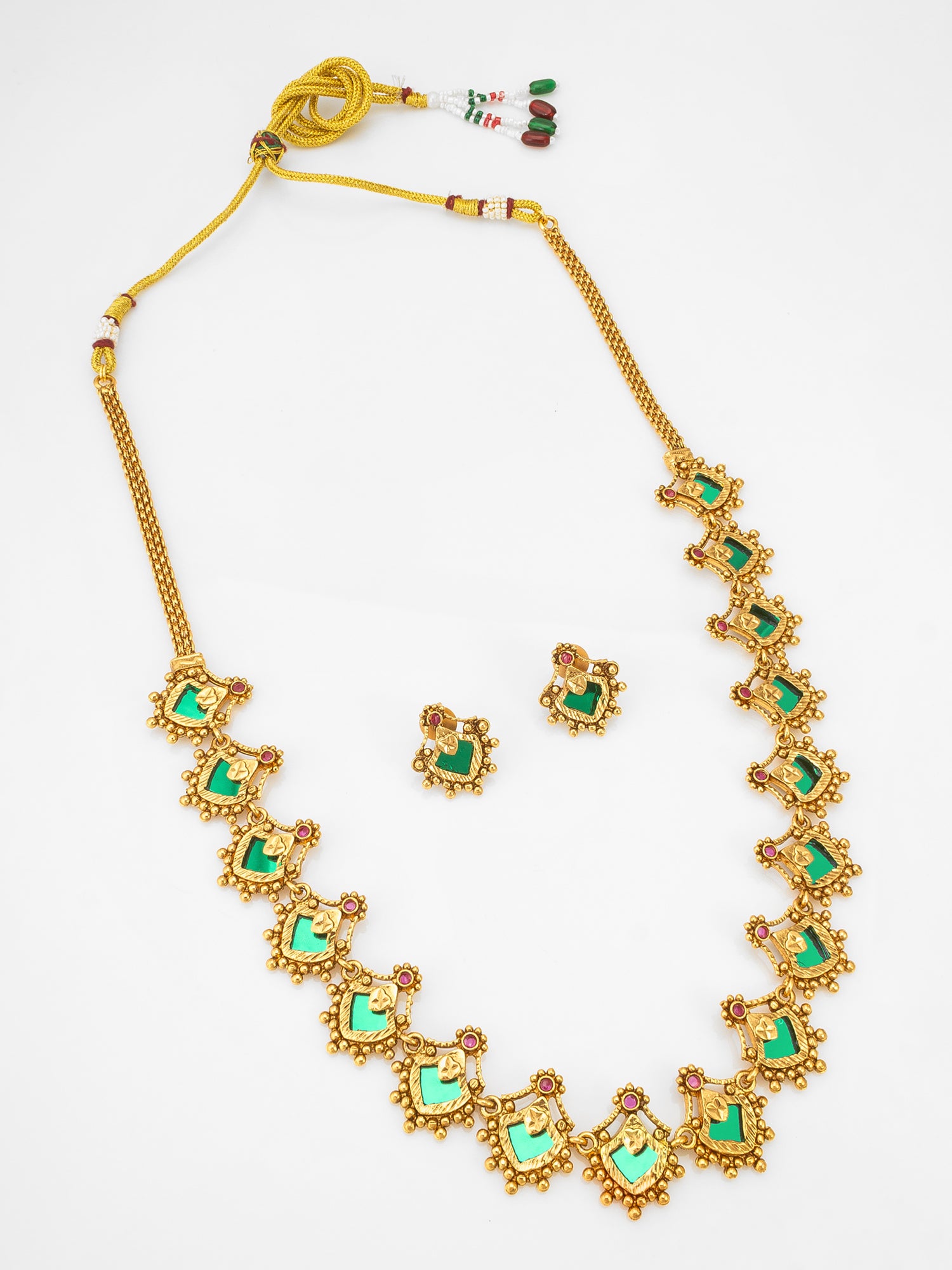 Aadita Antique  Long Necklace Set with Green Stone Kite Links and Gold Bead Border with Earrings