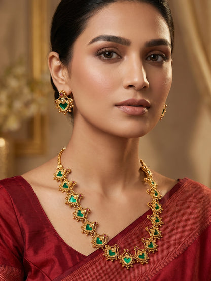 Aadita Antique  Long Necklace Set with Green Stone Kite Links and Gold Bead Border with Earrings