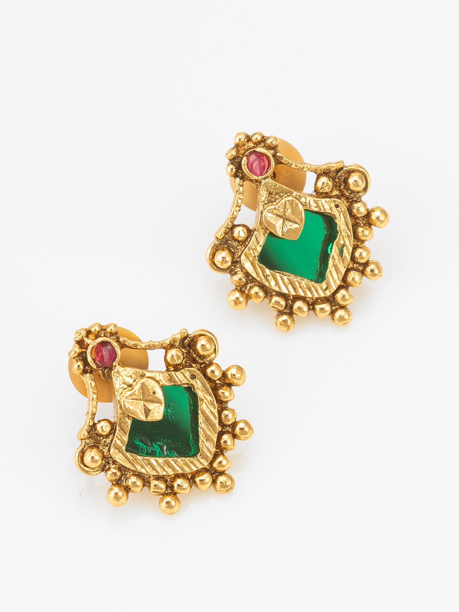 Aadita Antique  Long Necklace Set with Green Stone Kite Links and Gold Bead Border with Earrings