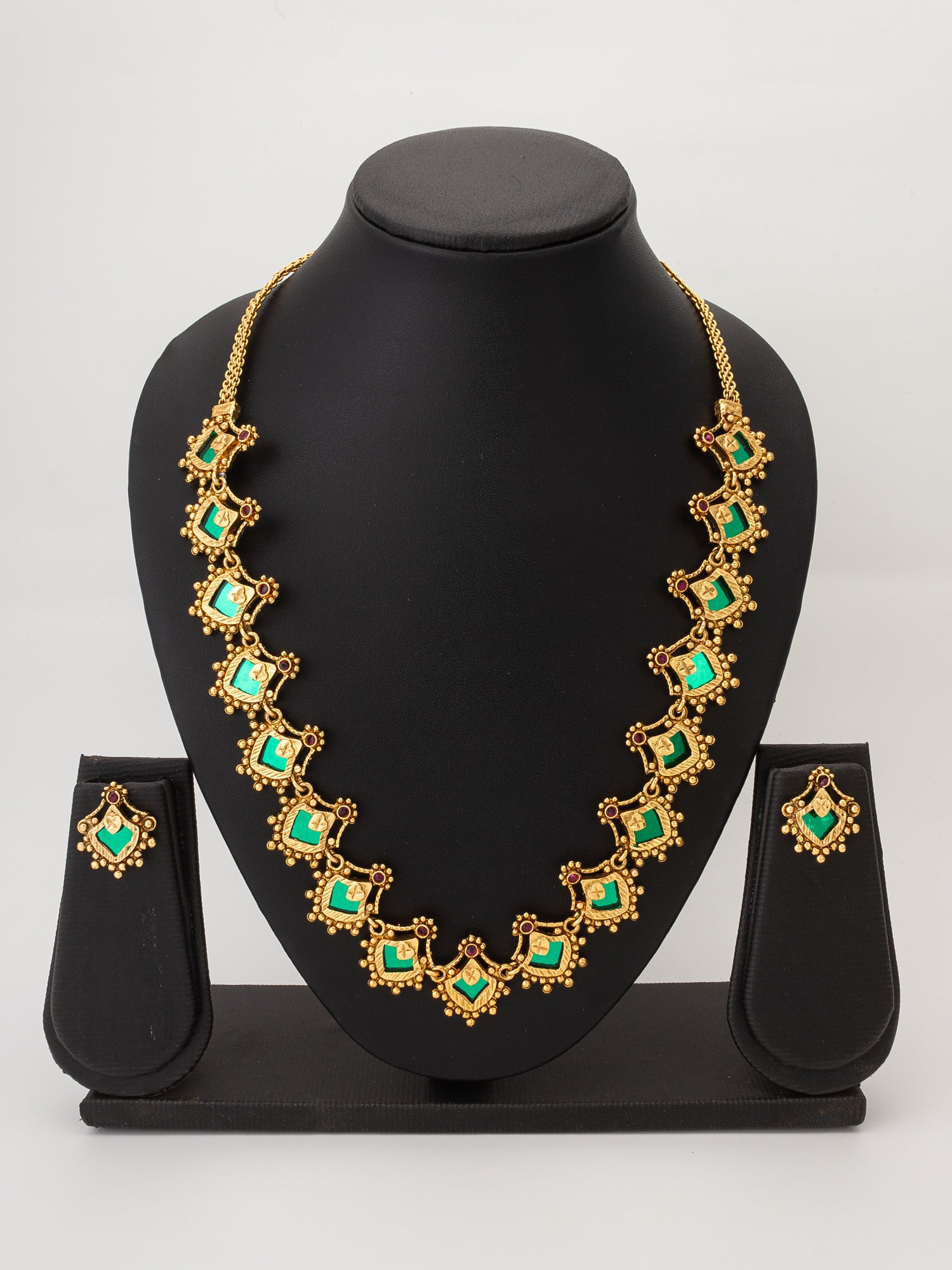 Aadita Antique  Long Necklace Set with Green Stone Kite Links and Gold Bead Border with Earrings